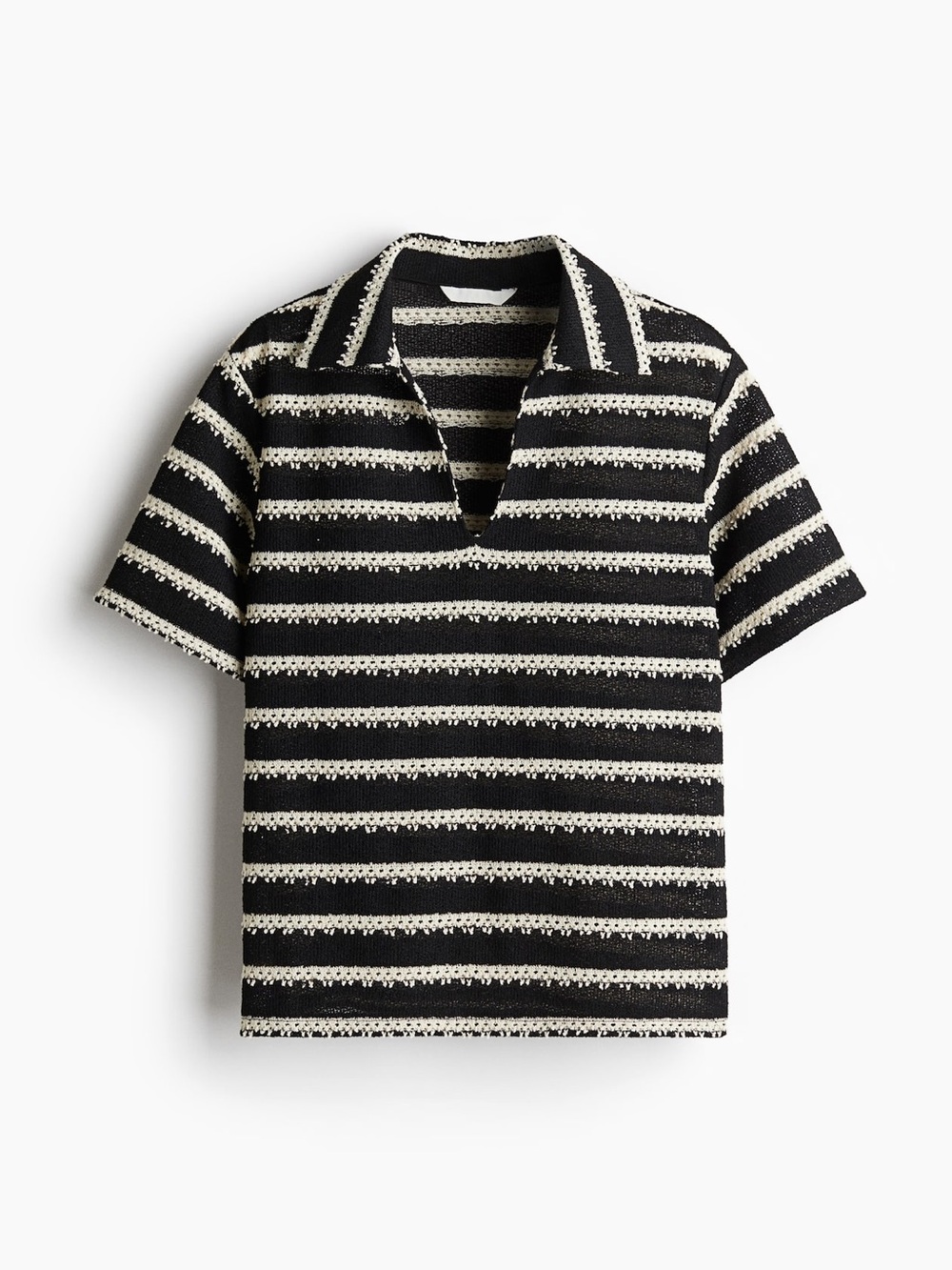 H&M Black and White Striped Short-Sleeve KNIT TOP WITH COLLAR